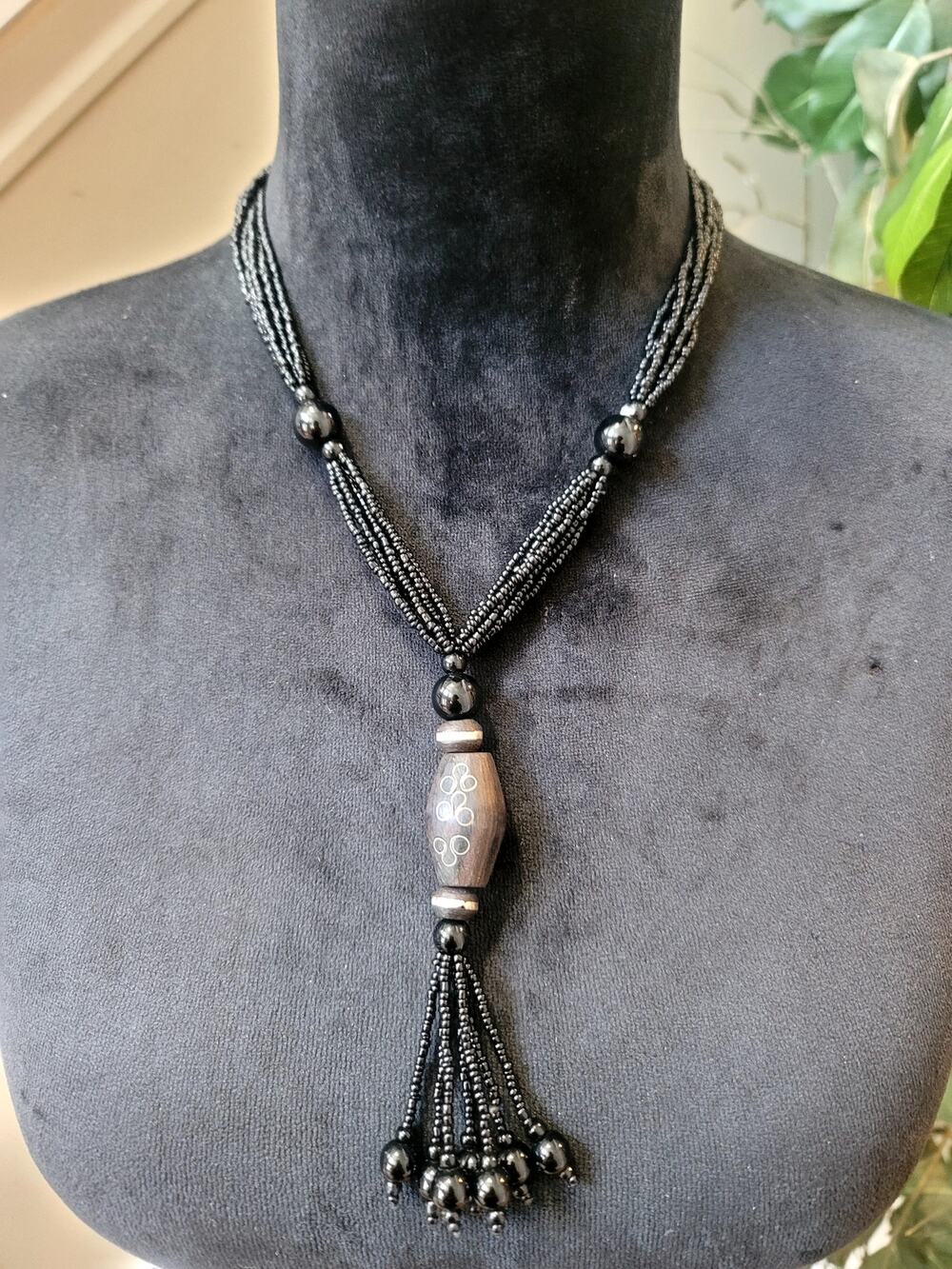 Black Seed Bead Tassel Necklace Wood Barrel Pendant Boho Tribal Statement 22"